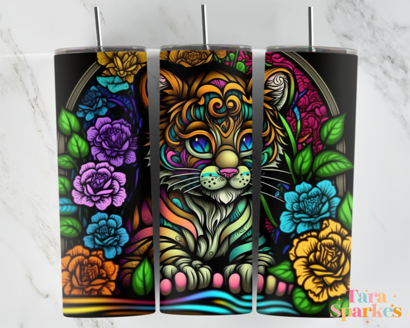 20 oz Skinny Tumbler Stained Glass Tiger